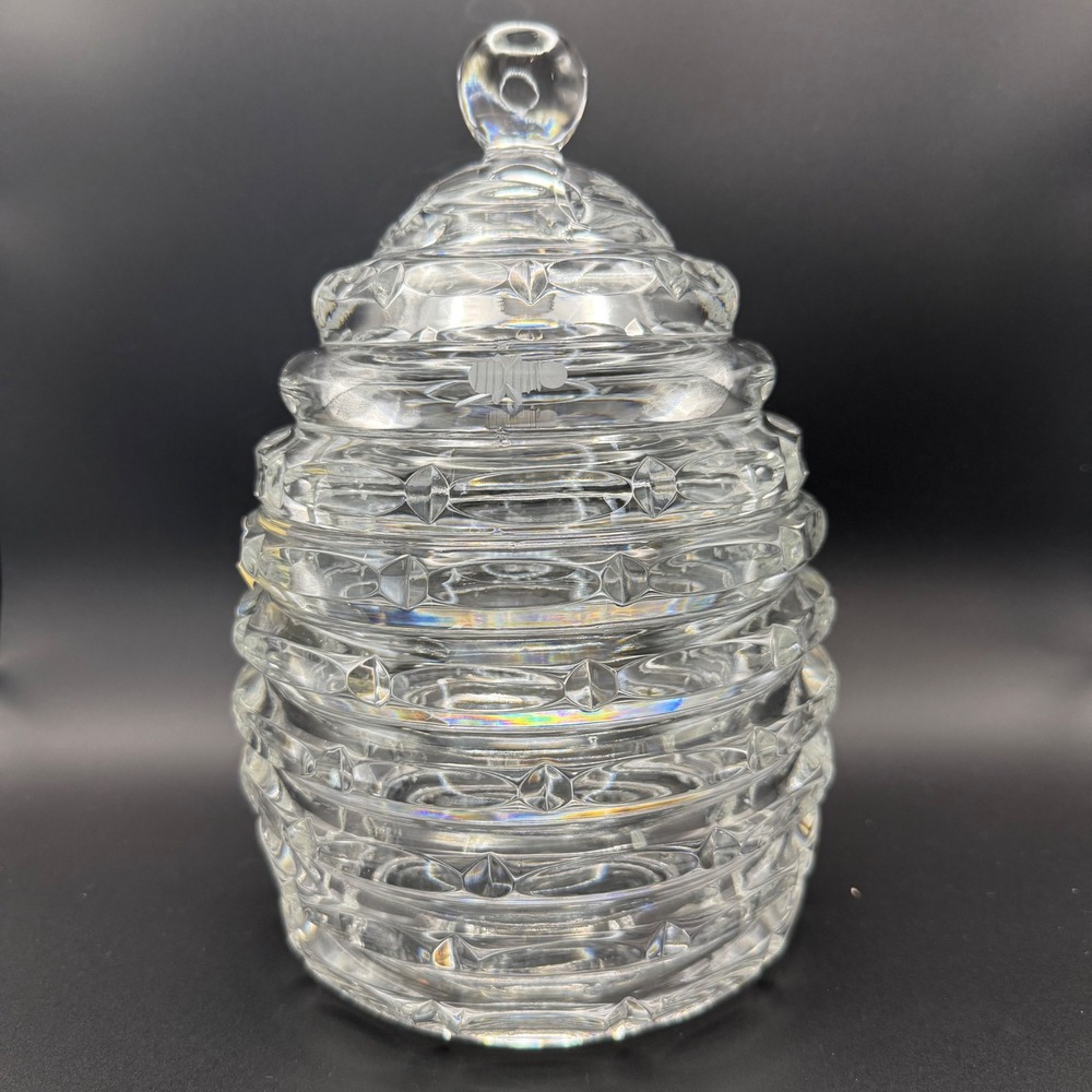 Godinger Crystal Legends Beehive Biscuit Barrel Etched Bee Lead Crystal Poland